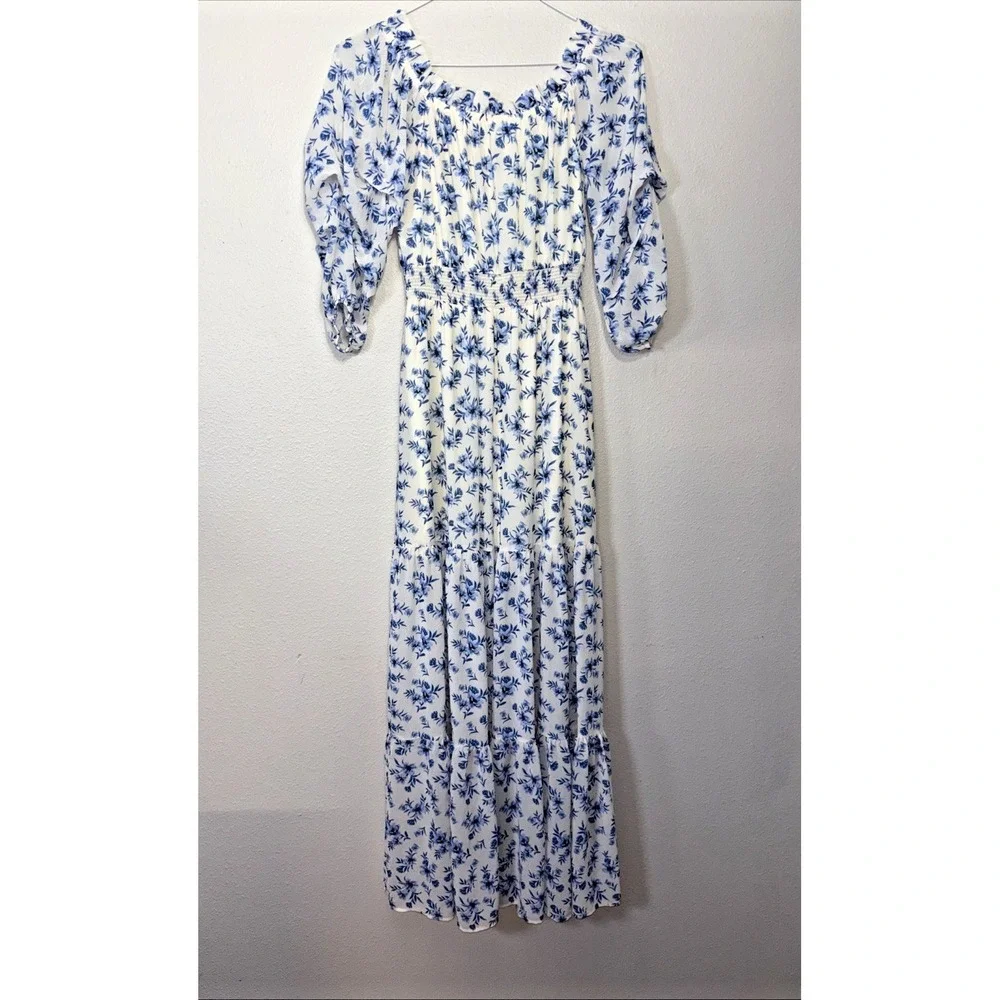 Love Colette Maxi Dress Women's Small Blue Floral Ruffle Elastic Waist Fairycore